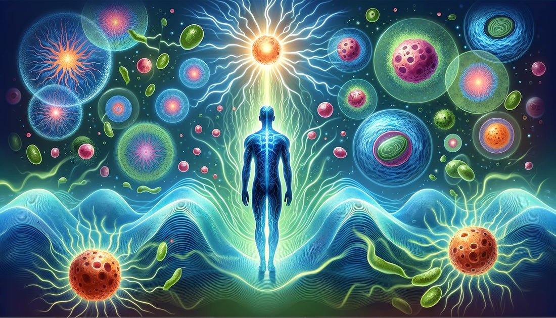 Image representing the dynamic and beneficial effects of Pulsed Electromagnetic Field (PEMF) therapy on the human body at the cellular level. 
